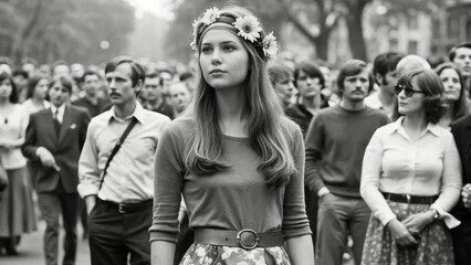 A monochrome image of a hippie girl adorned with a flower crown among a blurred crowd, reminiscent of themes of peace and protest from past eras