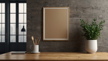Blank wood A4 frame mockup interior background, looped motion, 3d rendering. Empty cycled vertical painting placard mock up. Clear desk border with canvas panel template 