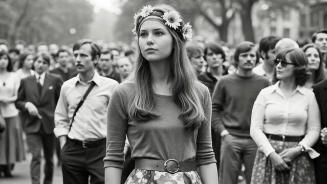 A monochrome image of a hippie girl adorned with a flower crown among a blurred crowd, reminiscent of themes of peace and protest from past eras