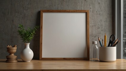 Blank wood A4 frame mockup interior background, looped motion, 3d rendering. Empty cycled vertical painting placard mock up. Clear desk border with canvas panel template 