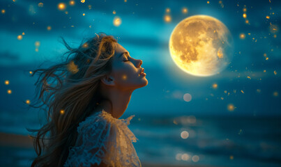 Beautiful young woman in a summer dress on the seashore against the backdrop of the full moon. Fantasy photo.