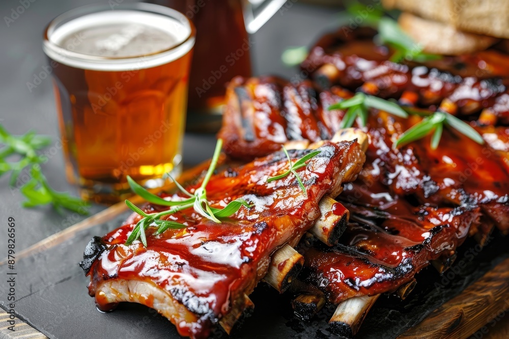 Poster grilled pork ribs with teriyaki sauce and a beer