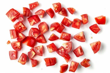 Group of diced plum tomatoes isolated Fresh sliced cherry tomatoes and cocktail tomatoes on white background viewed from top