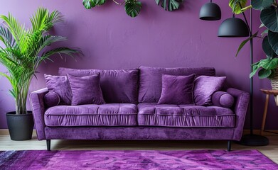 Elegant purple living room featuring a luxurious tufted sofa, stylish floor lamp, and lush tropical plant