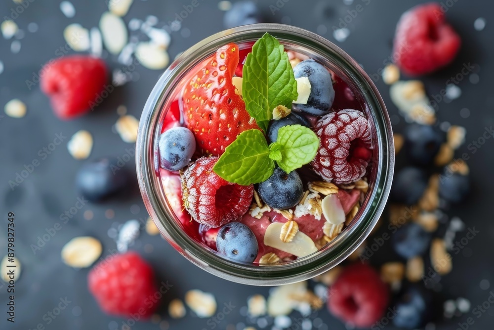 Canvas Prints Healthy breakfast of overnight oats with mixed berries and almond flakes in a jar