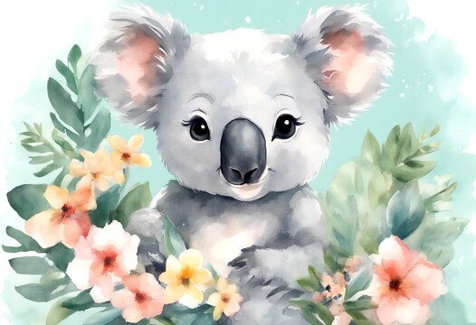 watercolor art of cartoon cute baby koala with floral art design for birthday animal nature drawing illustration 