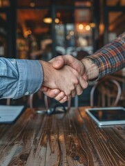 Close-up of a handshake between two businessmen in a cafe.