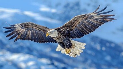 Naklejka premium Bald eagle soaring through a clear blue sky.