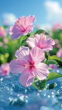 Pink hibiscus flowers and water drops abstract