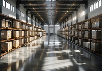 Fototapeta premium Modern spacious warehouse with high racking systems and natural lighting