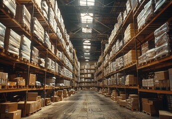 Fototapeta premium Interior of a large warehouse with high shelves stocked with various packages
