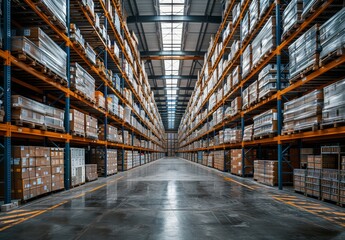 Fototapeta premium Spacious Industrial Warehouse with High Shelves Stocked with Boxes