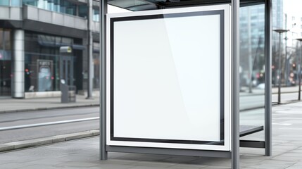 Empty billboard in bus shelter, urban transit stop, white lightbox, glass and metal design, high-resolution, realistic photo, city environment, focus cover all object