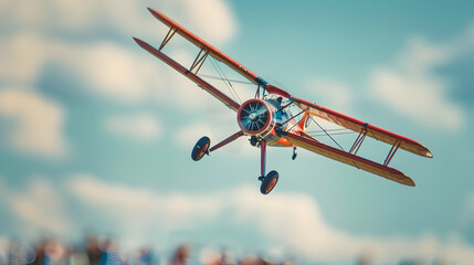 Background of a vintage biplane flying in the sky