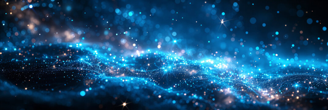 Glowing blue stars and particles in a vast night sky, perfect for representing cosmic phenomena and space exploration themes.