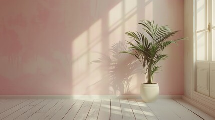 Soft cream pink pastel wall hues, white wooden floors, and a plant pot, refined and serene interior.