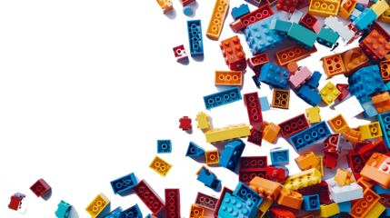 A pile of colorful blocks scattered all over the place. The bricks of different shapes and sizes to show diversity