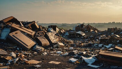 Discarded furniture piles up at a landfill site. Concept Landfill waste, Furniture disposal, Waste management, Environmental impact