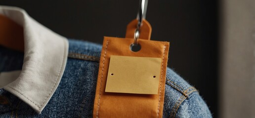 Close up of price tag of clothing item. Blank label tag mockup on a clothes. Fashion industry and retail concept