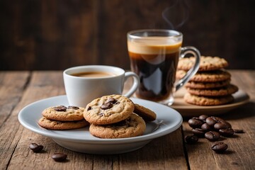 Coffee time with cookies and fresh beans on wooden background