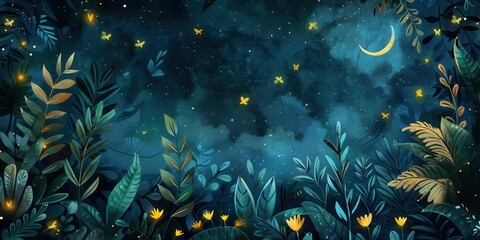 Magical nighttime forest scene with a glowing moon and stars.
