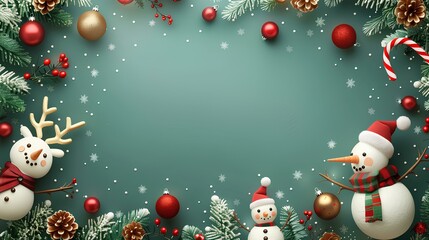 Funny Christmas frame with snowmen on blue background. Christmas decor and religious holiday concept. Flat lay cartoon illustration with copy space for sign design, poster, banner, card	