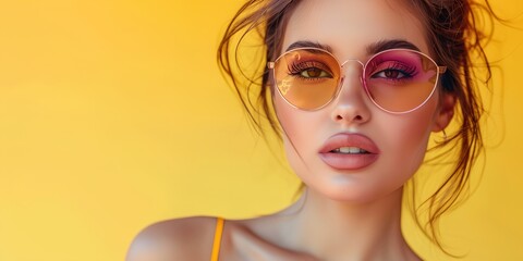 Fototapeta premium A woman with long brown hair and glasses is wearing a yellow top. She is smiling and looking at the camera