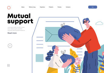 Mutual Support Giving clothes to donation bins -modern flat vector concept illustration of people placing bags of clothes into drop-off box A metaphor of voluntary, collaborative exchanges of resource