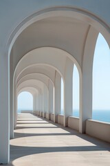A long, narrow hallway with white pillars and a blue sky in the background. The hallway is empty and the only person visible is a shadow on the wall