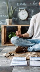 Fototapeta premium Relaxed man meditating on the floor with a calendar and glasses.