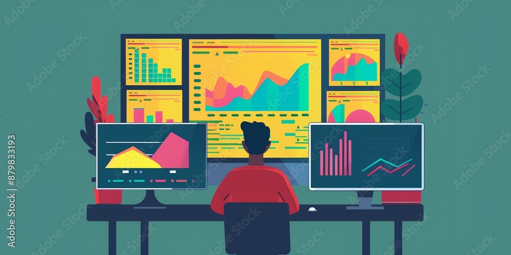 Poster a man is sitting at a desk with multiple computer monitors and a potted plant in the background. con