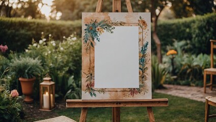 Empty boho style poster on easel at wedding ceremony