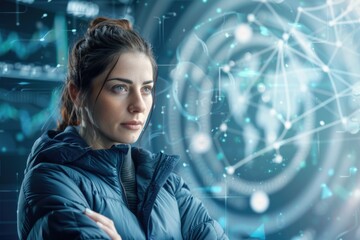 Obraz premium A woman with a serious expression stands before a glowing, abstract network of data