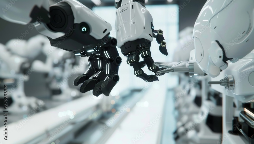 Poster close-up view of robotic arms in an advanced automated factory environment