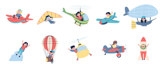Kids fly in air transport. Children flying on plane helicopter hot air balloon and spaceship. Toddler pilots adventures, recent funny play vector set