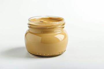 Jar of delicious tahini on a white surface