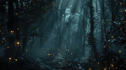Fototapeta premium A forest at night with fireflies lighting up the trees. Generate AI image