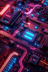 Fototapeta premium Glowing Circuit Board A highly detailed circuit board design with glowing neon elements,generative ai