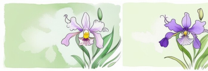 Banner with lilac irises on a light green background with space for text