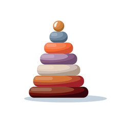 Childrens toy pyramid from multi colored circles on white background.