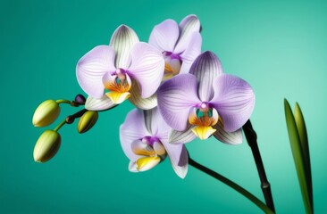 Obraz premium Delicate orchids on a light green background with space for text