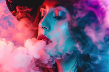Fototapeta premium A woman's face is obscured by colorful smoke, with her eyes closed and her mouth slightly open