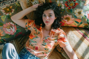 Fototapeta premium A woman with dark hair and a floral shirt relaxes on a patterned rug, bathed in warm sunlight
