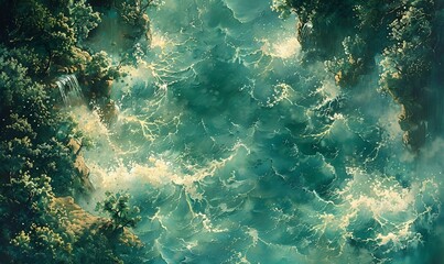 Fototapeta premium Serene artwork of a river with gentle waves and green trees.