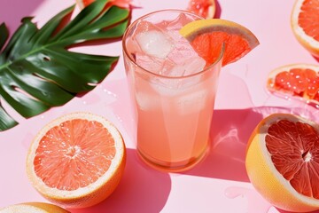 Fototapeta premium Immerse yourself in a refreshing citrus cocktail with a retro vintage feel, set against a lively pink backdrop, evoking a trendy and imaginative summer look with tropical accents and shaded elements