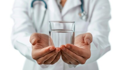 Doctor holding a glass of water close-up. Medical professional in white coat offering clear and refreshing water. Concept of health, hydration and care. Stock photo for healthcare usage. AI