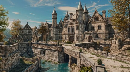 Fototapeta premium A grand castle-like estate with stone walls, towering turrets, and a drawbridge over a scenic moat.