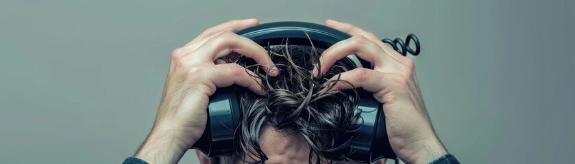 Frustrated man with headphones on.