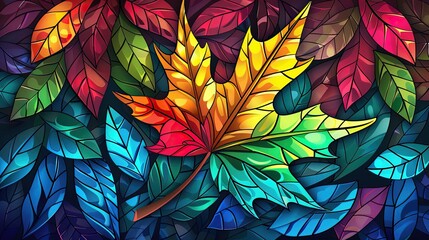 A colorful leafy background with a single leaf in the foreground