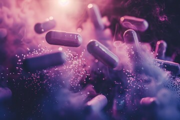White pills float in swirling purple and pink smoke, illuminated by a bright light